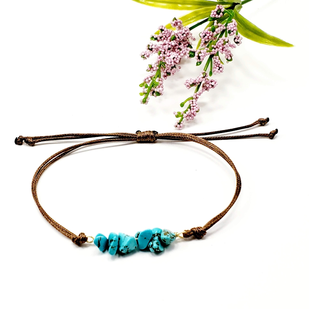 Adjustable Turquoise Bead Cord Bracelet - Brown Cord